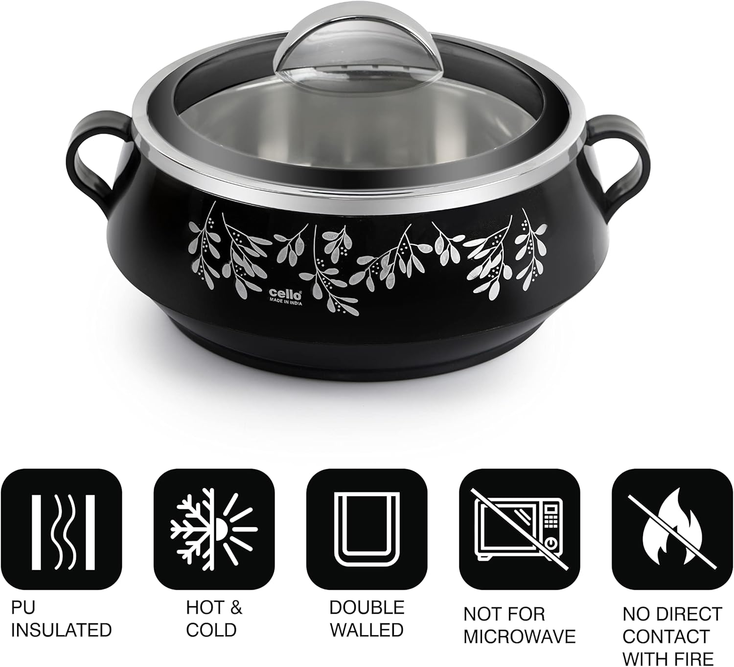 Cello Cazuela de purpurina con acero interior  Juego de cazuela de acero inoxidable aislado para comida chapati curry roti, juego de 3, negro