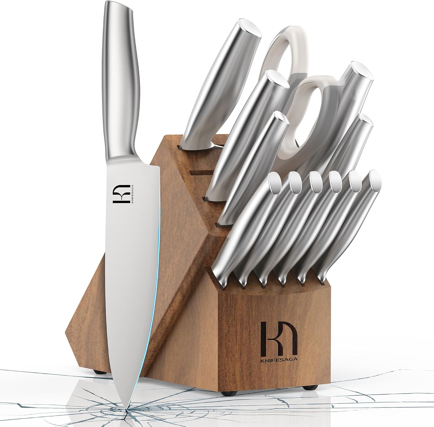 KnifeSaga – Juego de cuchillos de cocina de 14 piezas de acero inoxidable japonés de alto carbono con afilador integrado, juego de cuchillos de chef