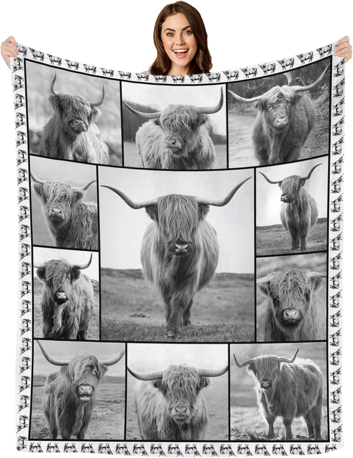 Manta de vaca Highland con cuernos largos, para adultos y niños, manta de felpa de animales de ganado blanco y negro, divertidos regalos de vacas de