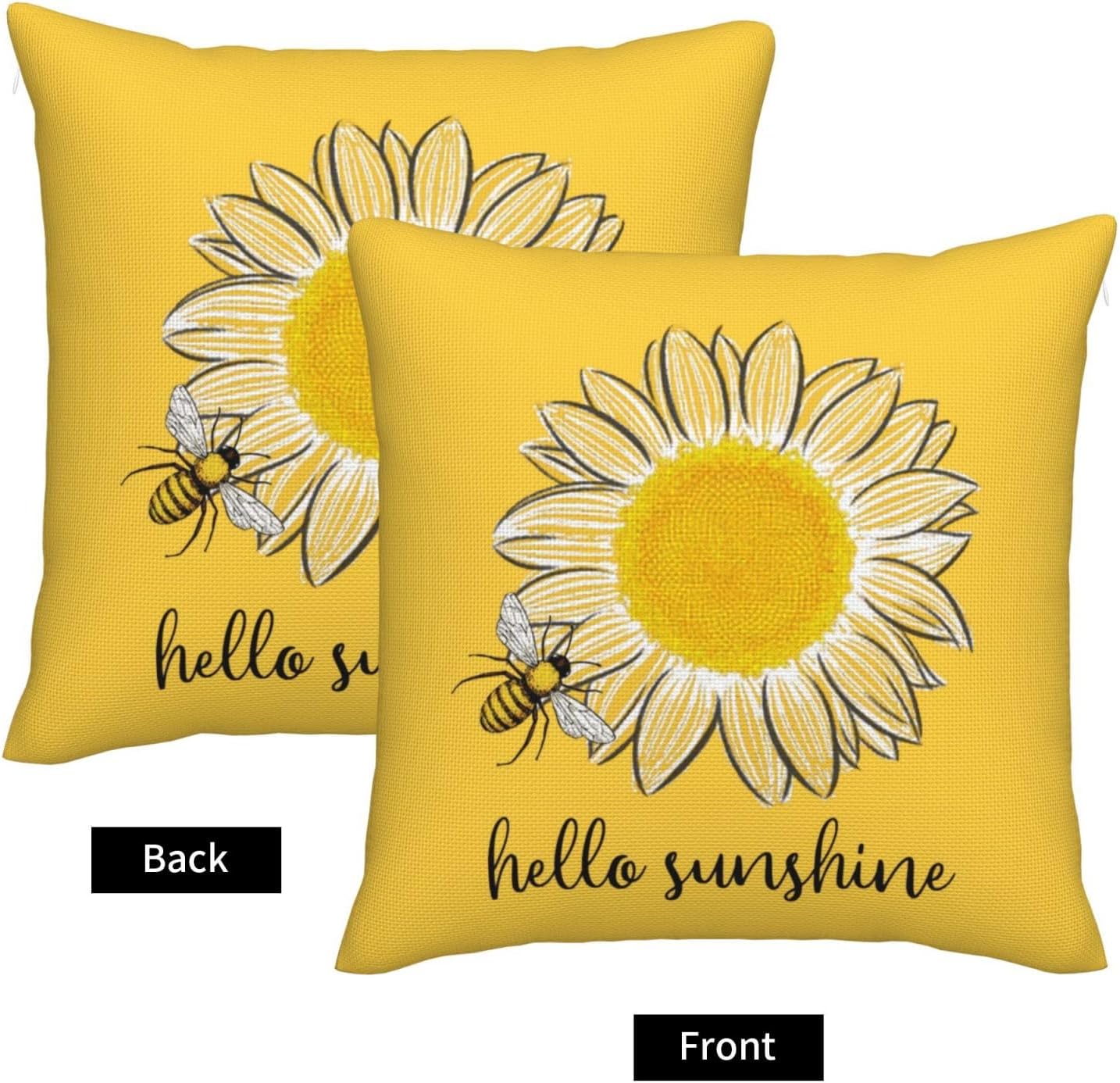 Hello Sunshine – Fundas de almohada decorativas de verano, diseño de abeja de girasol, granja, fundas de almohada cuadradas amarillas para patio,