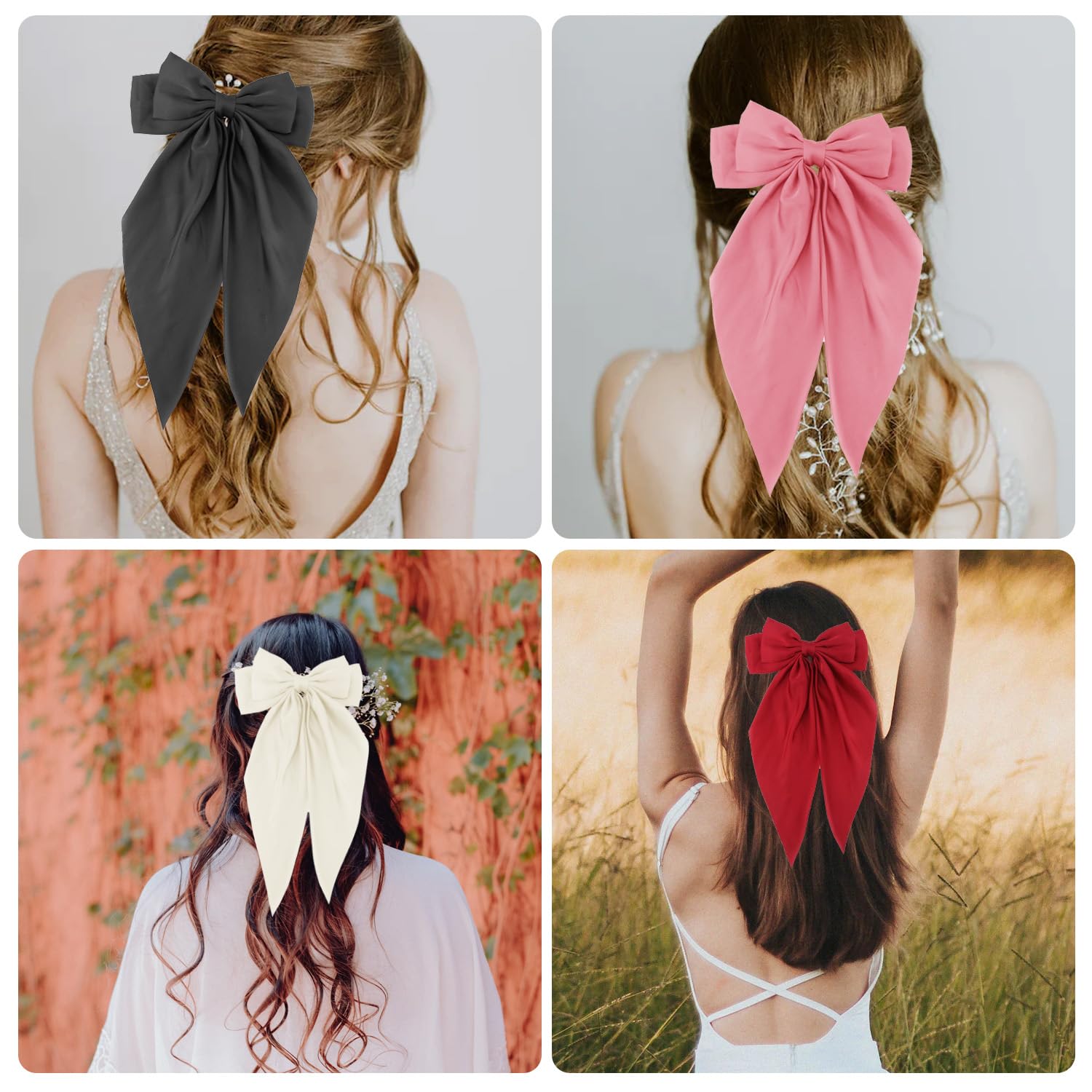 4 lazos grandes para el cabello, pinzas grandes para el cabello, pasadores franceses de color sólido, lazo sedoso de satén de cola larga, lazos para