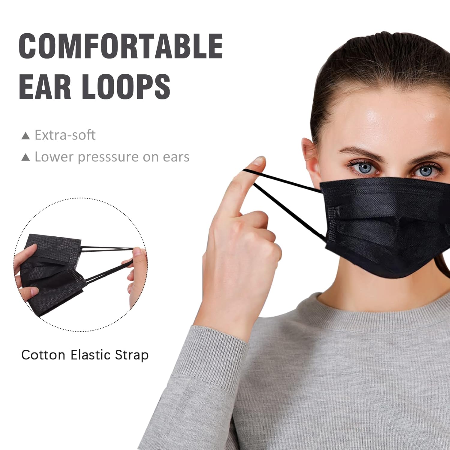 100 máscaras faciales desechables negras con lazo elástico para las orejas, transpirabilidad y comodidad