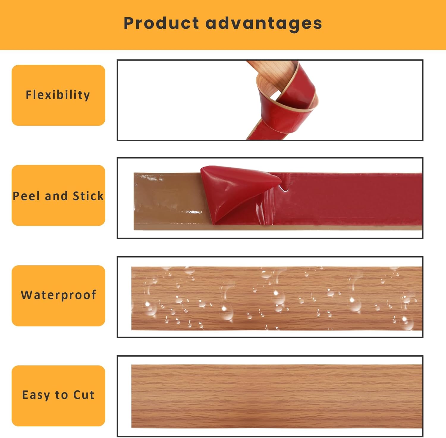 Tira de transición de suelo autoadhesiva para pisos de vinilo plano con respaldo fuerte, 1.6 in, 10 pies, grano de madera marrón