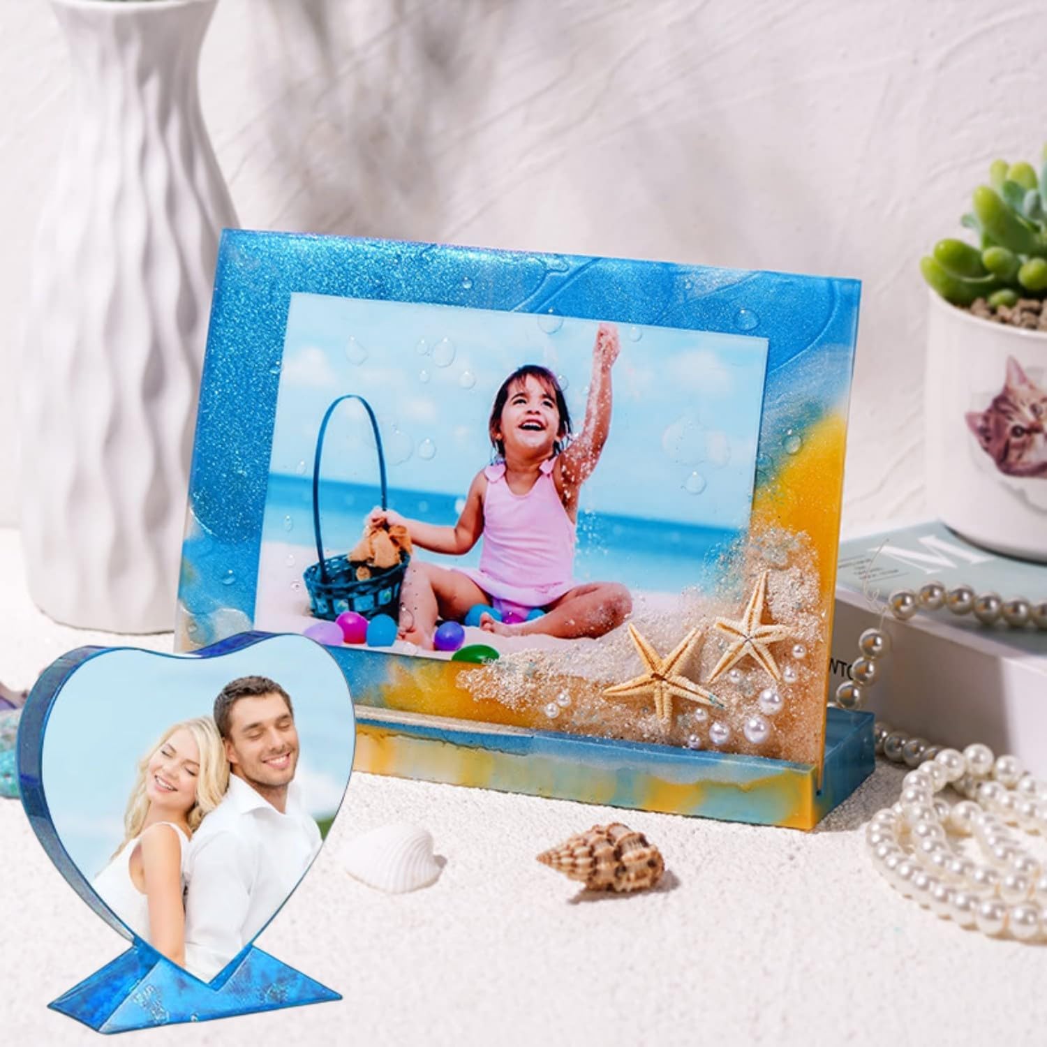 Paquete de 2 moldes de resina para marcos de fotos, moldes de silicona epoxi rectangulares y en forma de corazón para decoración del hogar,