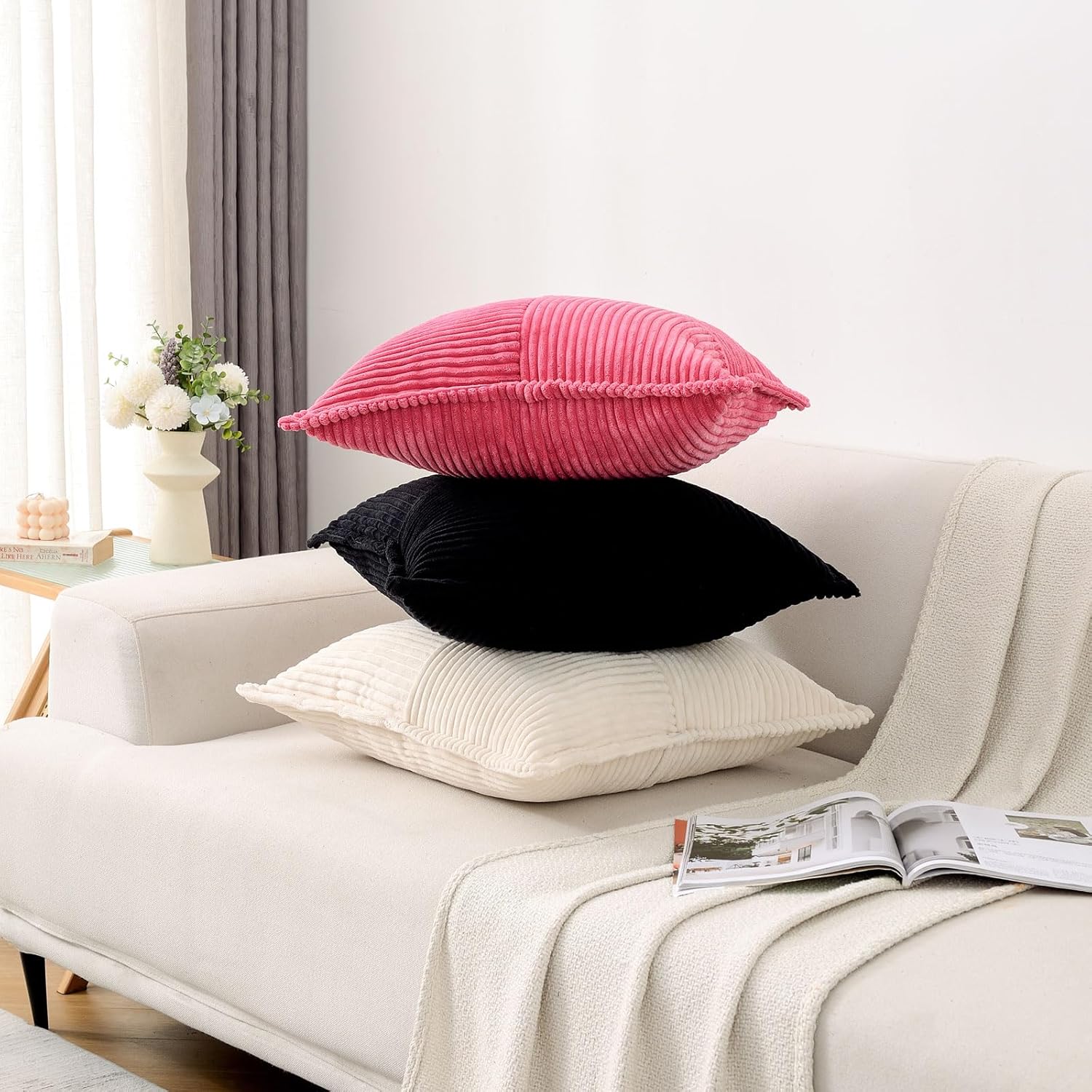 Juego de 2 fundas de almohada de 18 x 18 pulgadas, pana suave y sólida a rayas  borde ancho, fundas de cojín cuadradas decorativas, decoración de