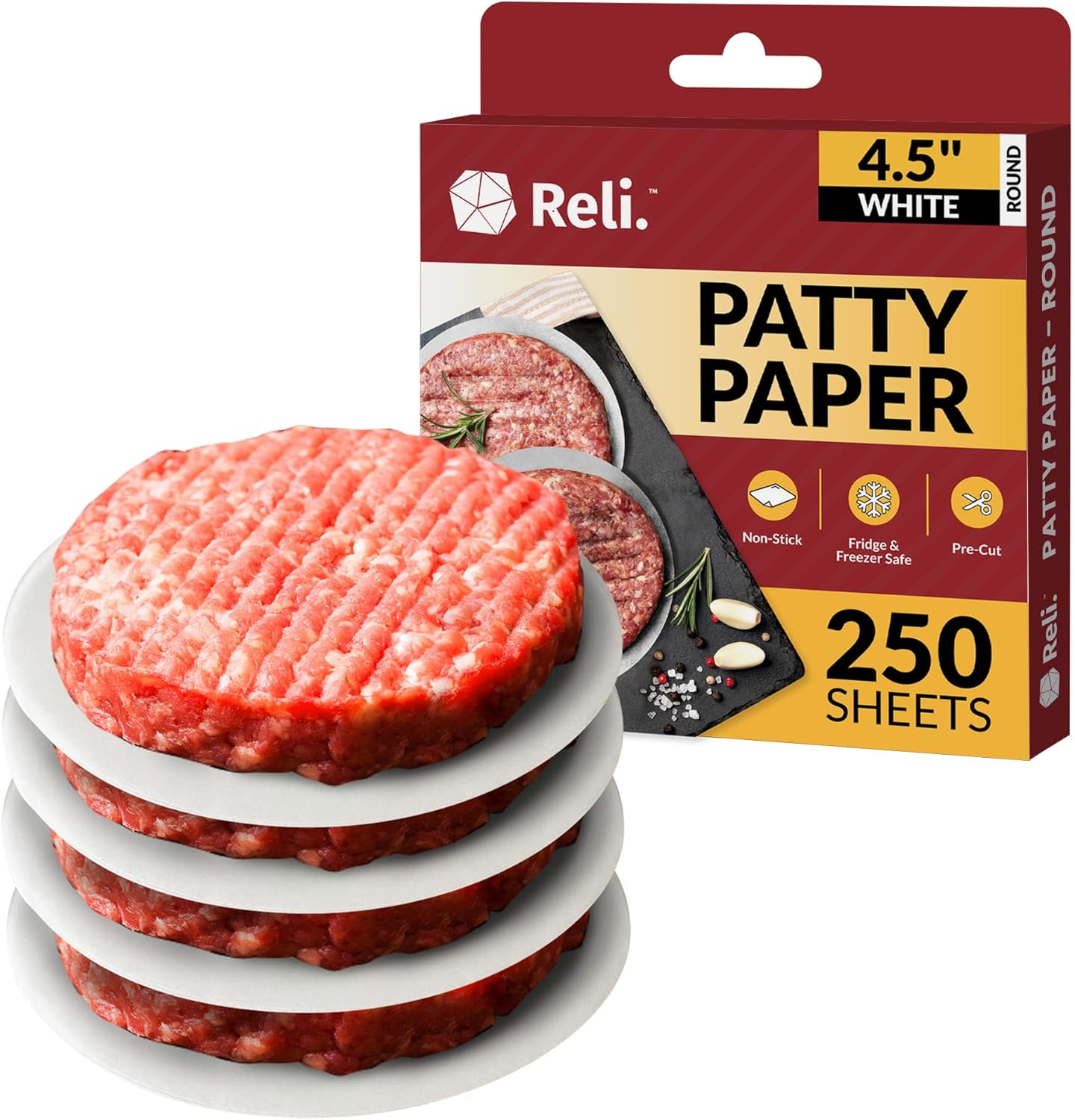 Reli. – Paquete de 250 papel de hamburguesa Reli. (redondo de 4.5 pulgadas), papel encerado, papel de calidad alimentaria, hojas de papel pergamino,