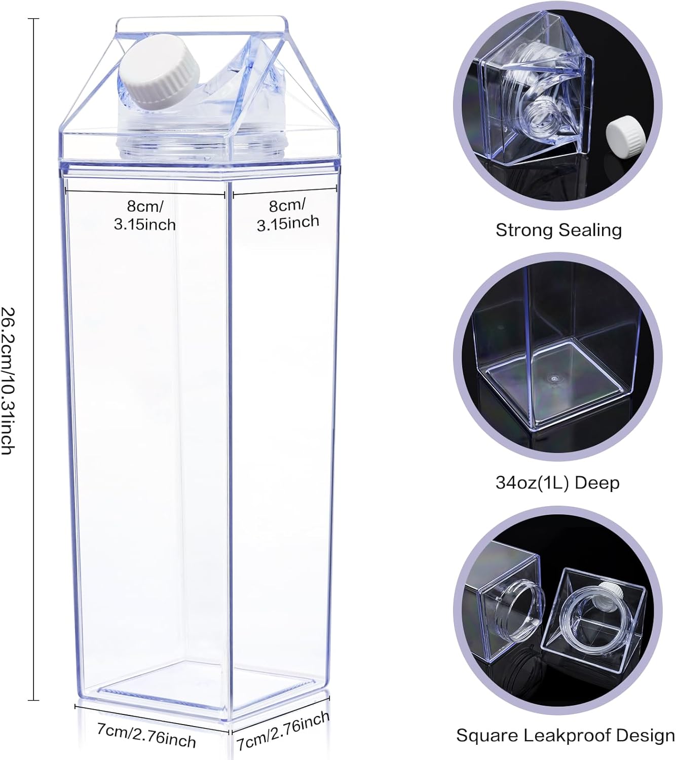 KALYLOC 8 botellas de agua de cartón de leche, botellas de leche cuadradas de plástico transparente de 34 onzas, contenedor de agua portátil