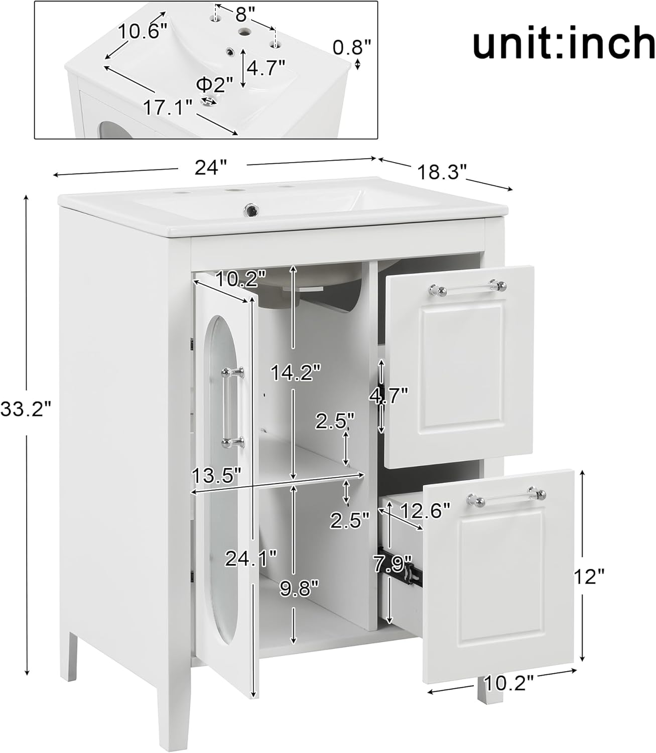 LUMISOL Mueble de baño de 24 pulgadas con fregadero, armario de almacenamiento de baño con 2 cajones y puerta de cierre suave, tocador de baño