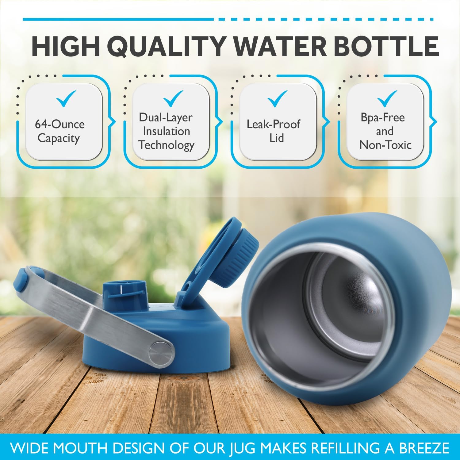 Botellas de agua aisladas de medio galón, jarra de agua de 64 onzas con mango de metal, botella de agua térmica apta para lavavajillas, boca ancha,
