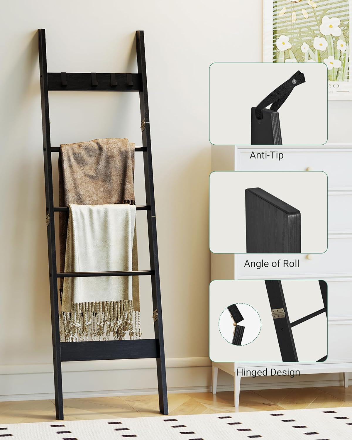 Hzuaneri Estante de escalera para manta para dormitorio, estante decorativo de madera con 4 ganchos extraíbles, organizador de escalera de granja de