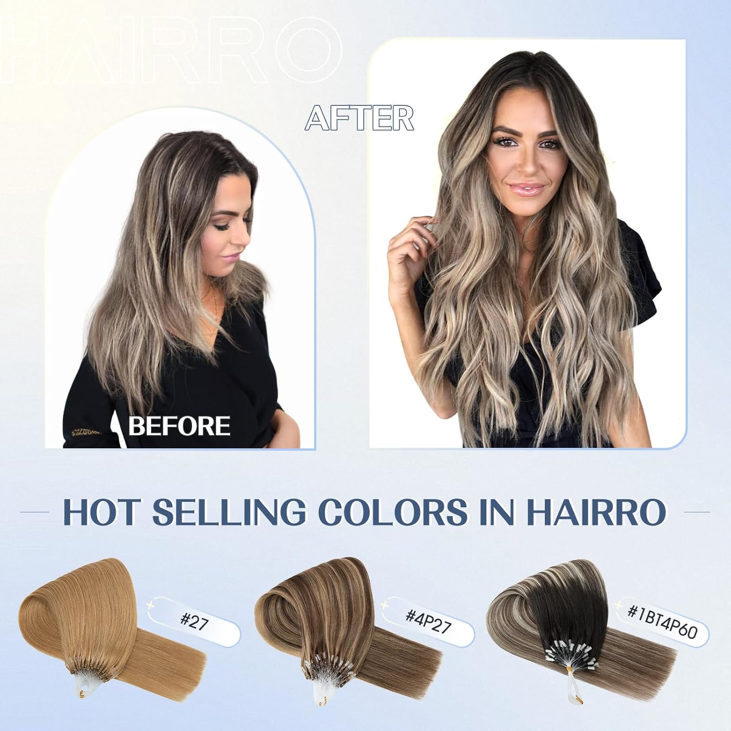 Hairro Microlink – Extensiones de cabello humano con micro bucle micro cuentas en el cabello preunido fusión fría queratina pegamento en barra I Tip