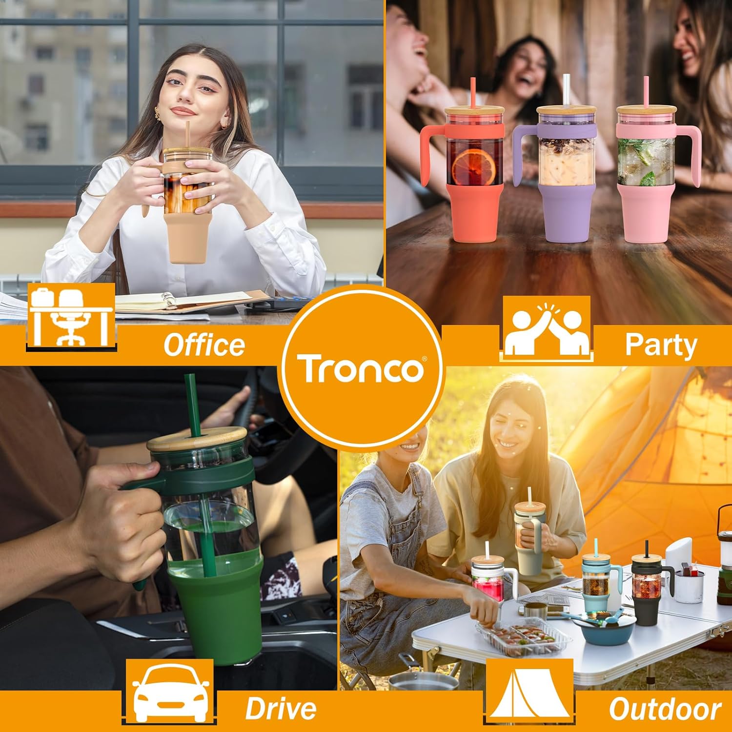 tronco Vaso de vidrio de 40 onzas con popote y tapa, vaso de vidrio reutilizable con asa, taza de café helado con tapa de bambú, botellas de agua de