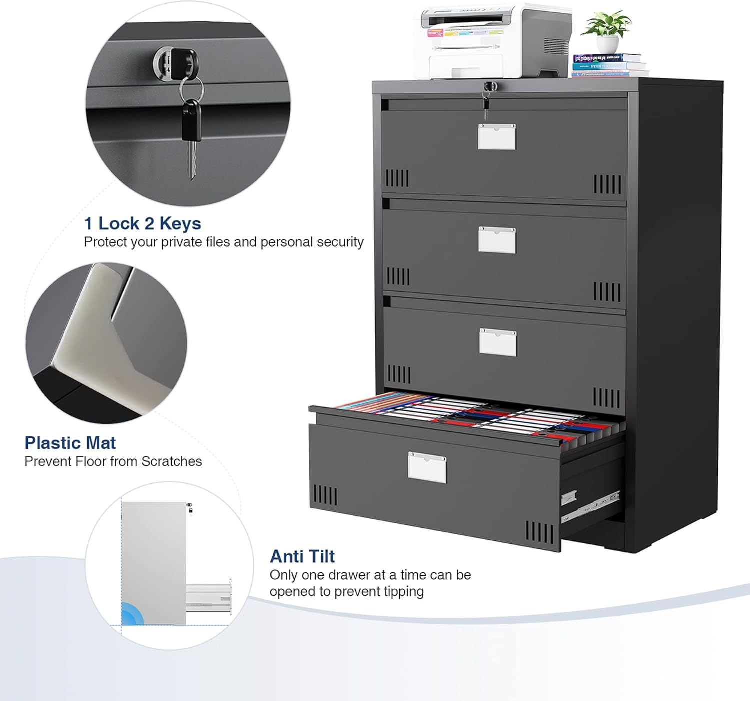 Archivador lateral con cerradura, archivador vertical de 2 cajones, archivador horizontal de metal con ranura para tarjetas para oficina en casa,