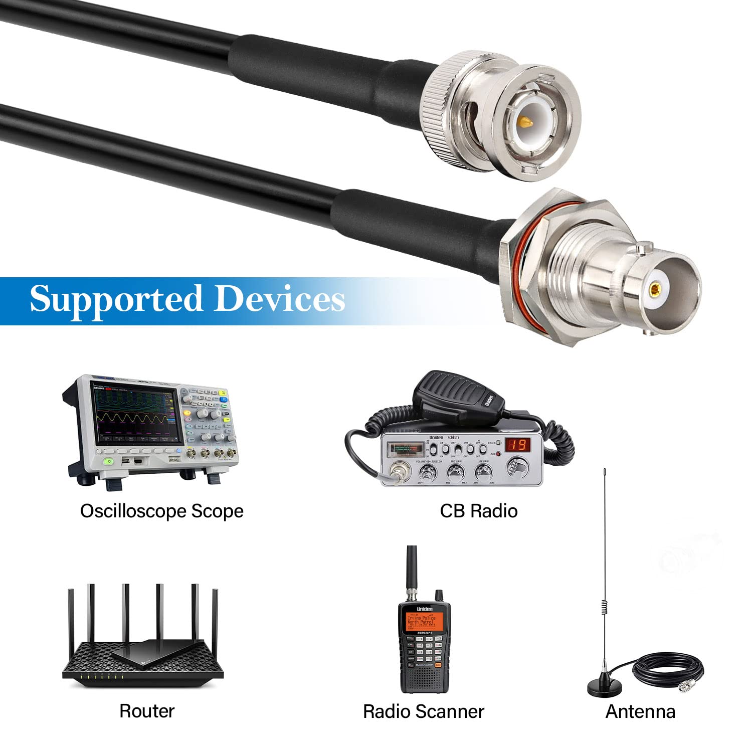 Cable BNC  2 unidades de 50 ohmios RG58 BNC macho a hembra Cable coaxial de mamparo de 2 pies de baja pérdida de antena Cable de extensión para