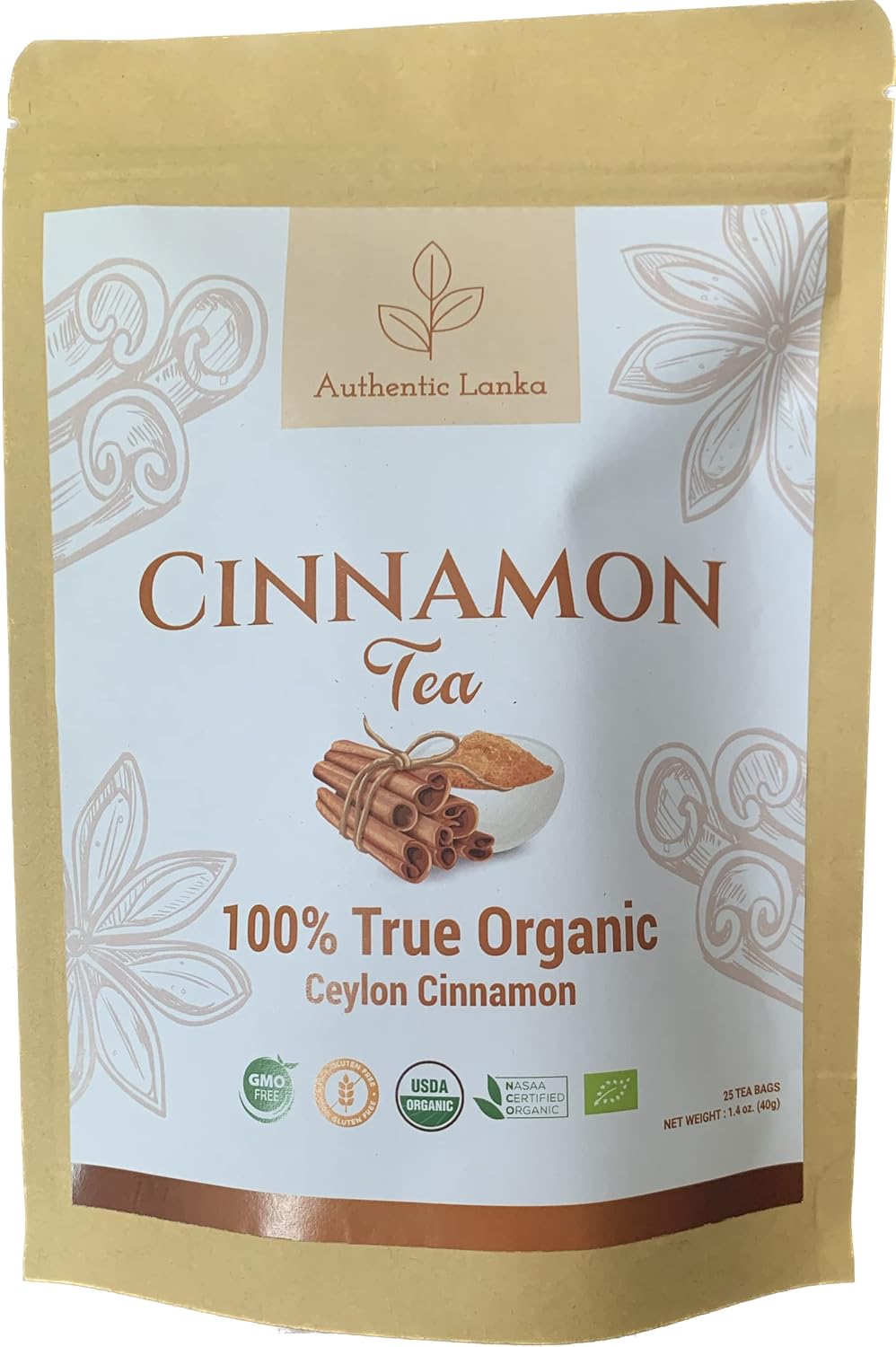 Authentic Lanka Té de canela de Ceilán, té de especias de hierbas, bebida orgánica de canela, paquete de 25 bolsas de té de canela auténtica de Sri