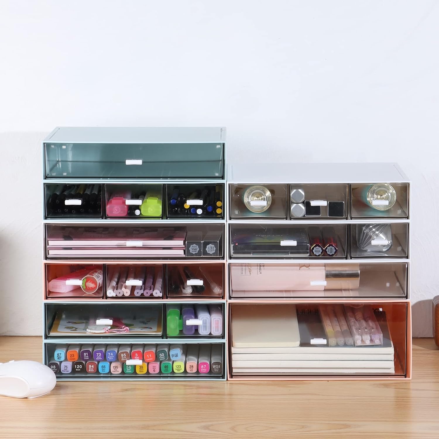 Desk Craft Organizer and Storage with 7 Flat Drawers, Stackable Plastic Desktop Accessories & Workspace Organizer for Office Stationary, Makeup