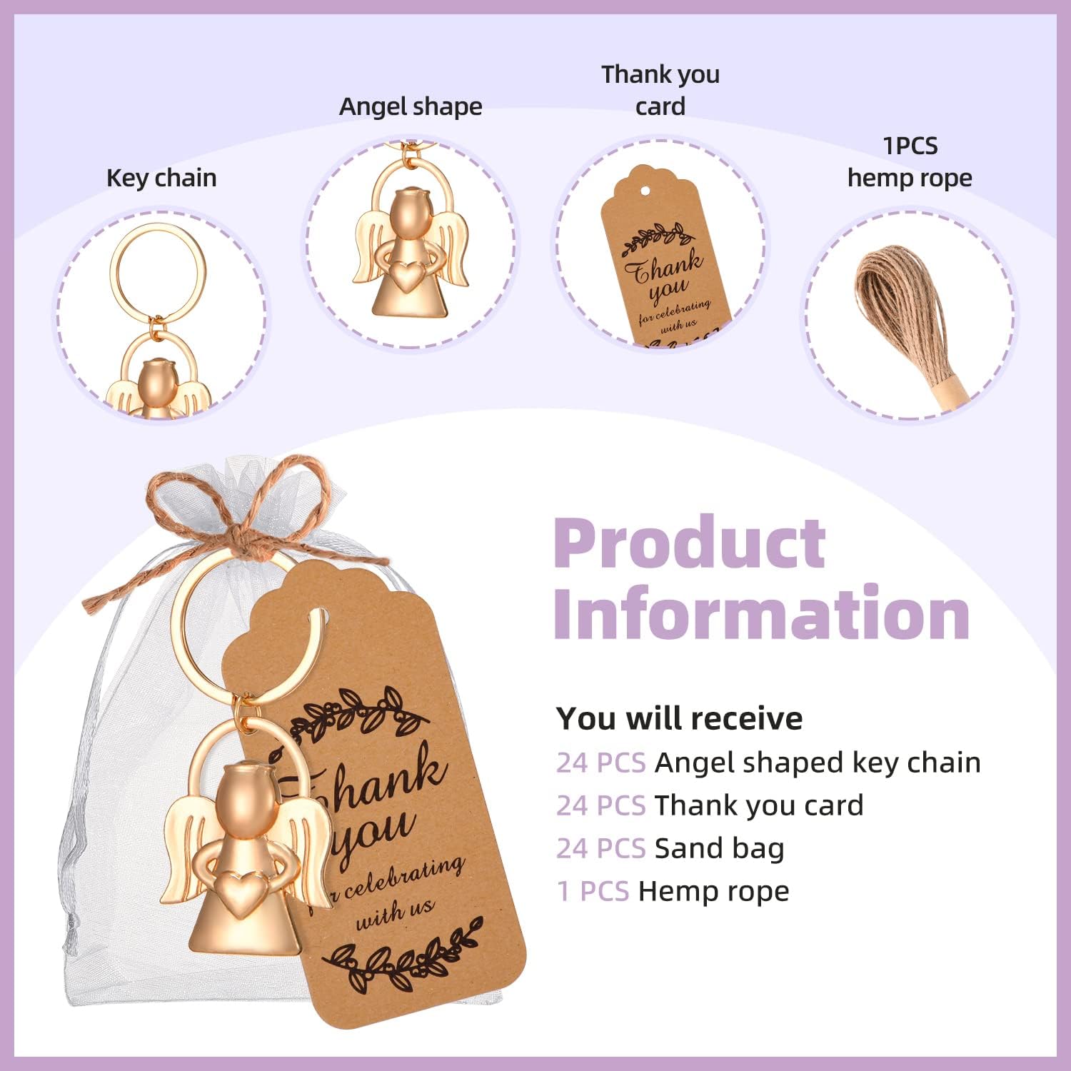 KBDHYY 24 angel designed key chains and Keychain for baby showers and weddings, party gifts, guest souvenirs or decorations, with labels and silk