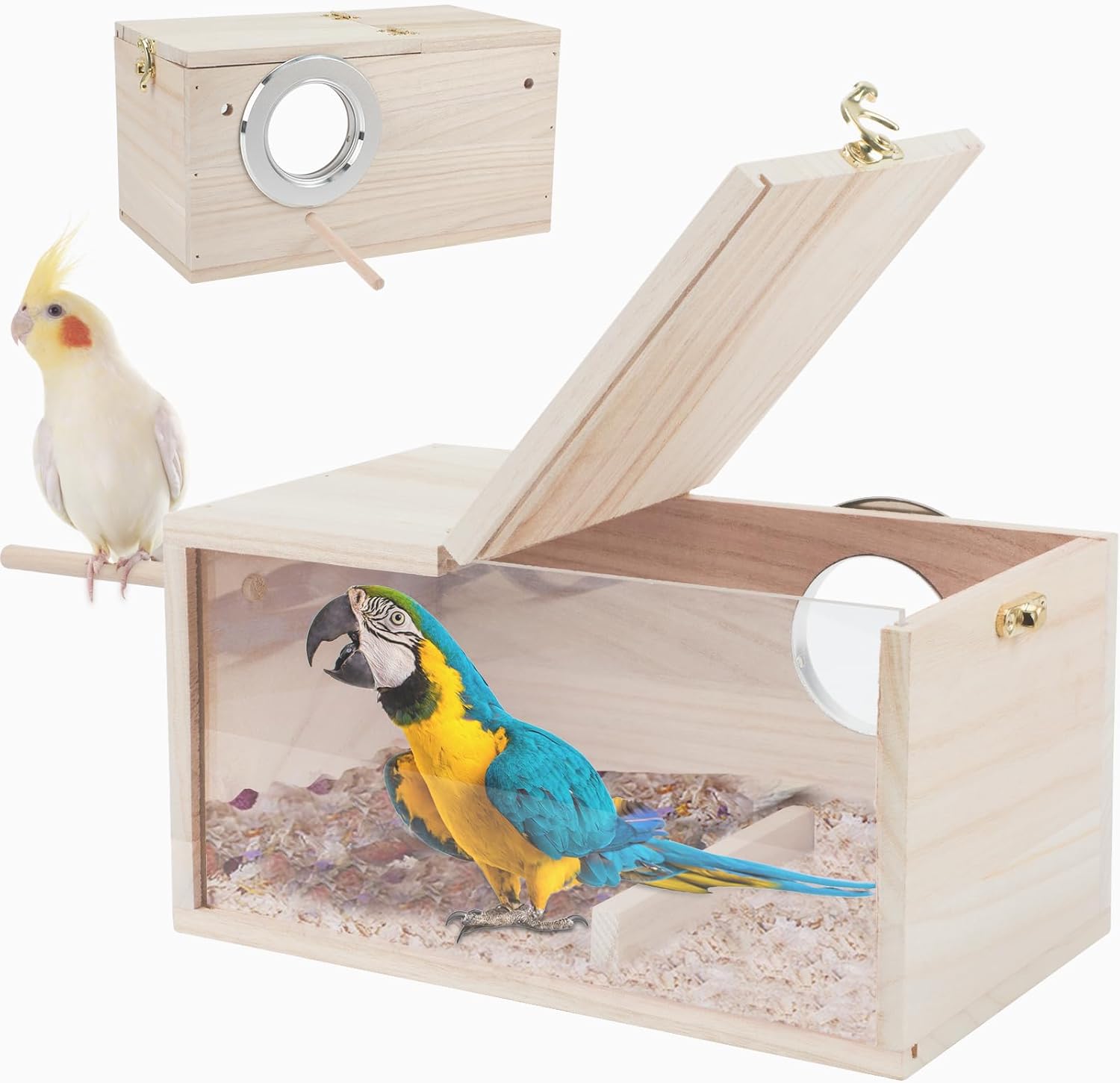 Rypet Caja de nido de periquitos con diseño transparente, caja de cría de nido de pájaros con perca de madera para pájaros de cacatúa, agapornis,