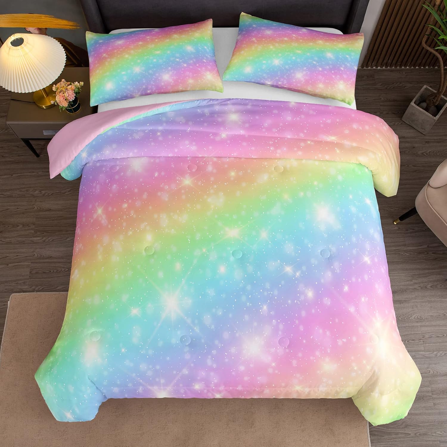 NINENINE Juego de ropa de cama de arcoíris, juego de edredón individual para niñas, juegos de ropa de cama individual para niñas, juego de edredón