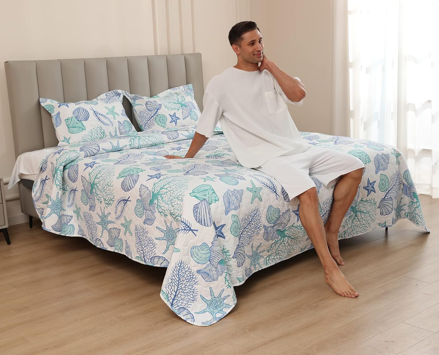 Ycosy Juego de edredón de playa costera de 3 piezas, tamaño matrimonialqueen, juego de ropa de cama con temática oceánica, color azul y verde,