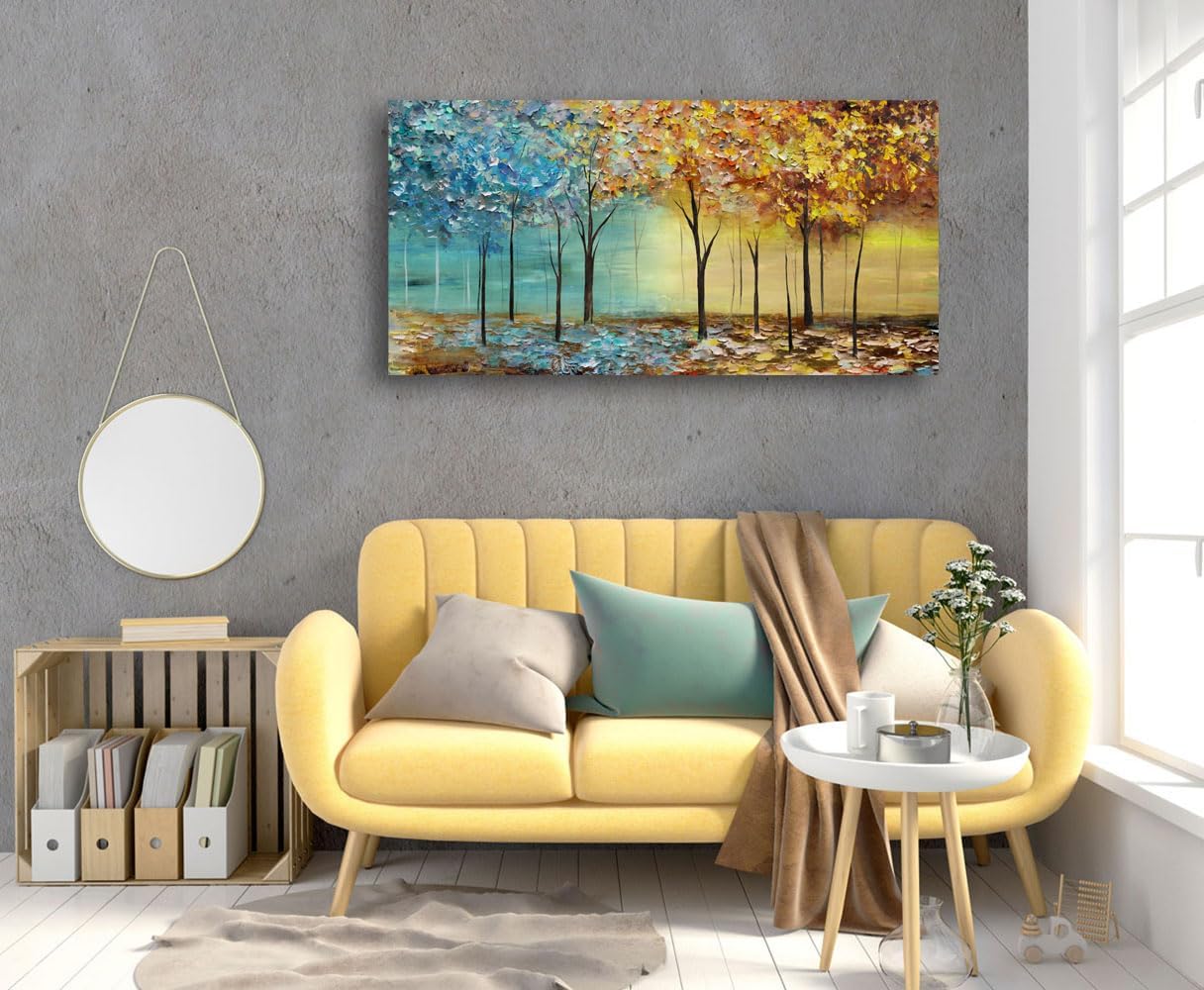 Cao Gen Decor Art A63450 – Lienzo decorativo para pared, árboles abstractos, 1 panel, azul y amarillo, cuadros abstractos de bosque, estirados y