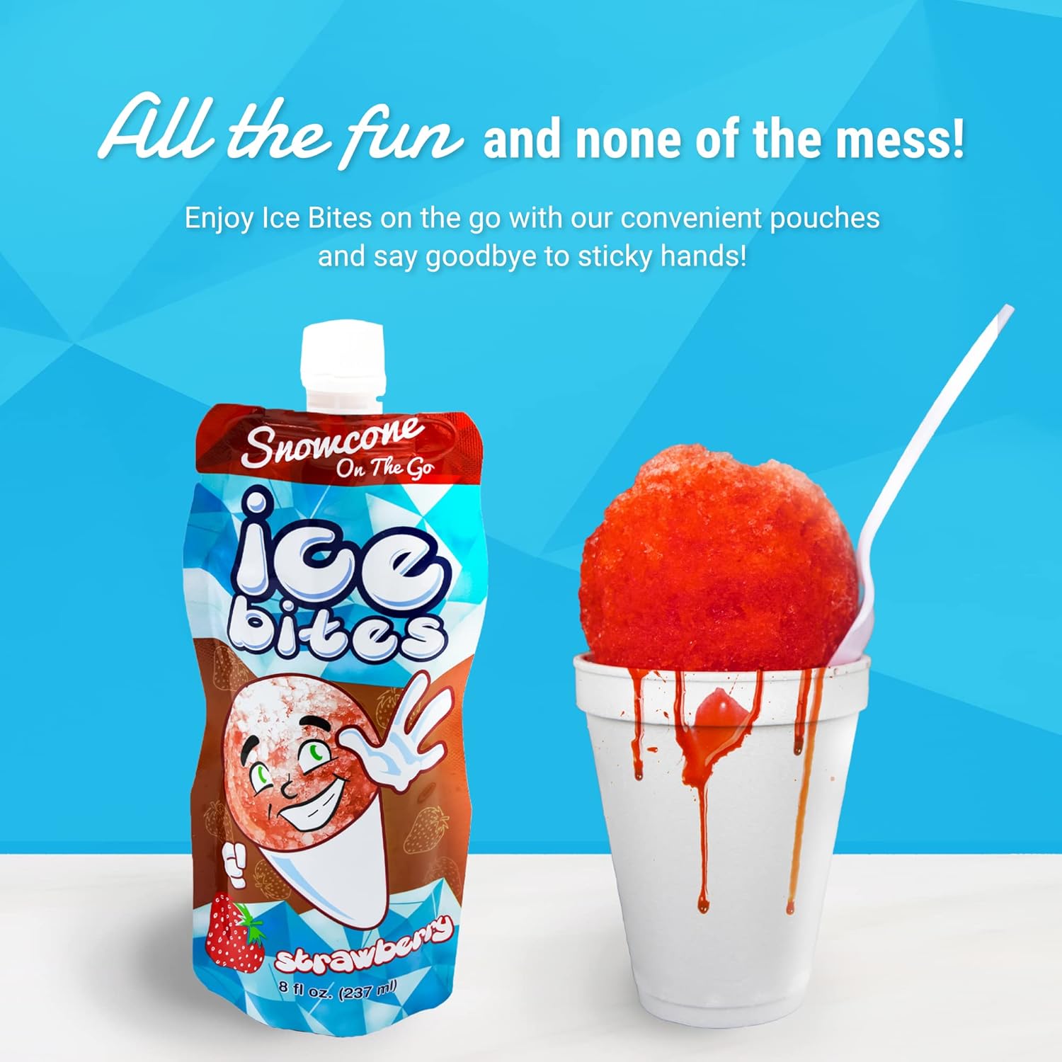 Snowcone On The Go Ice Bites – Bolsas de hielo congeladas saborizadas, paquete variado, fresa, chicle azul y pastel de boda, 8 onzas cada uno