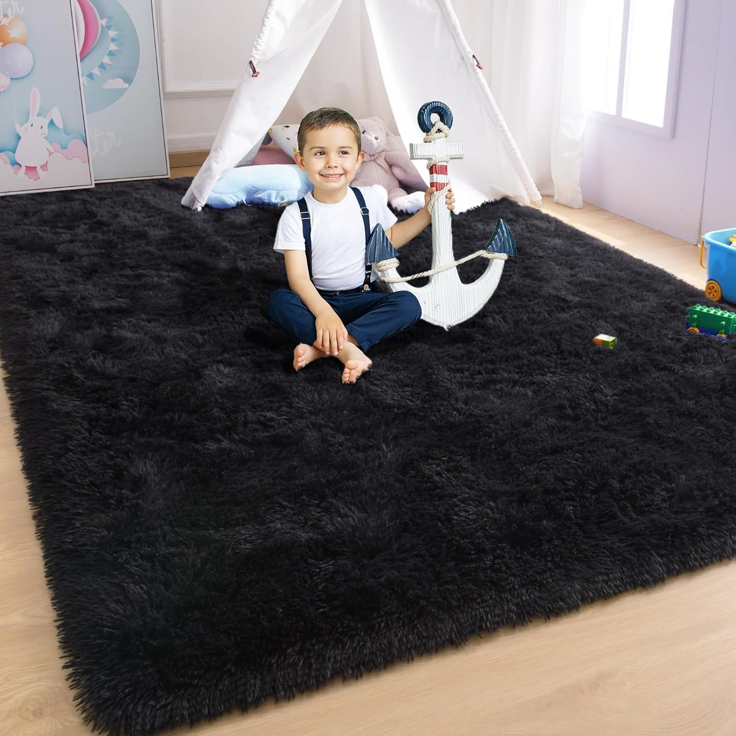 YJ.GWL Alfombras suaves y esponjosas para dormitorio, sala de estar, alfombra de felpa negra para guardería, sala de juegos, dormitorio, alfombra