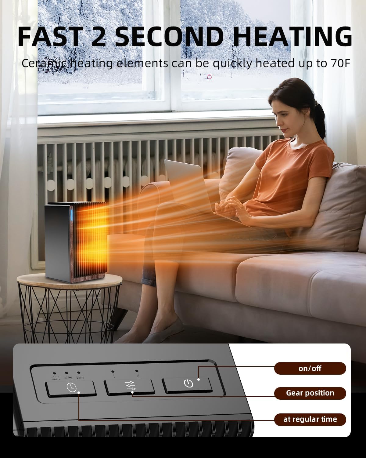 TUNISE Calentador de espacio, calentador de espacio de escritorio, calentador de cerámica PTC de 1200 W con 2 modos, temporizador de 2 a 6 horas,
