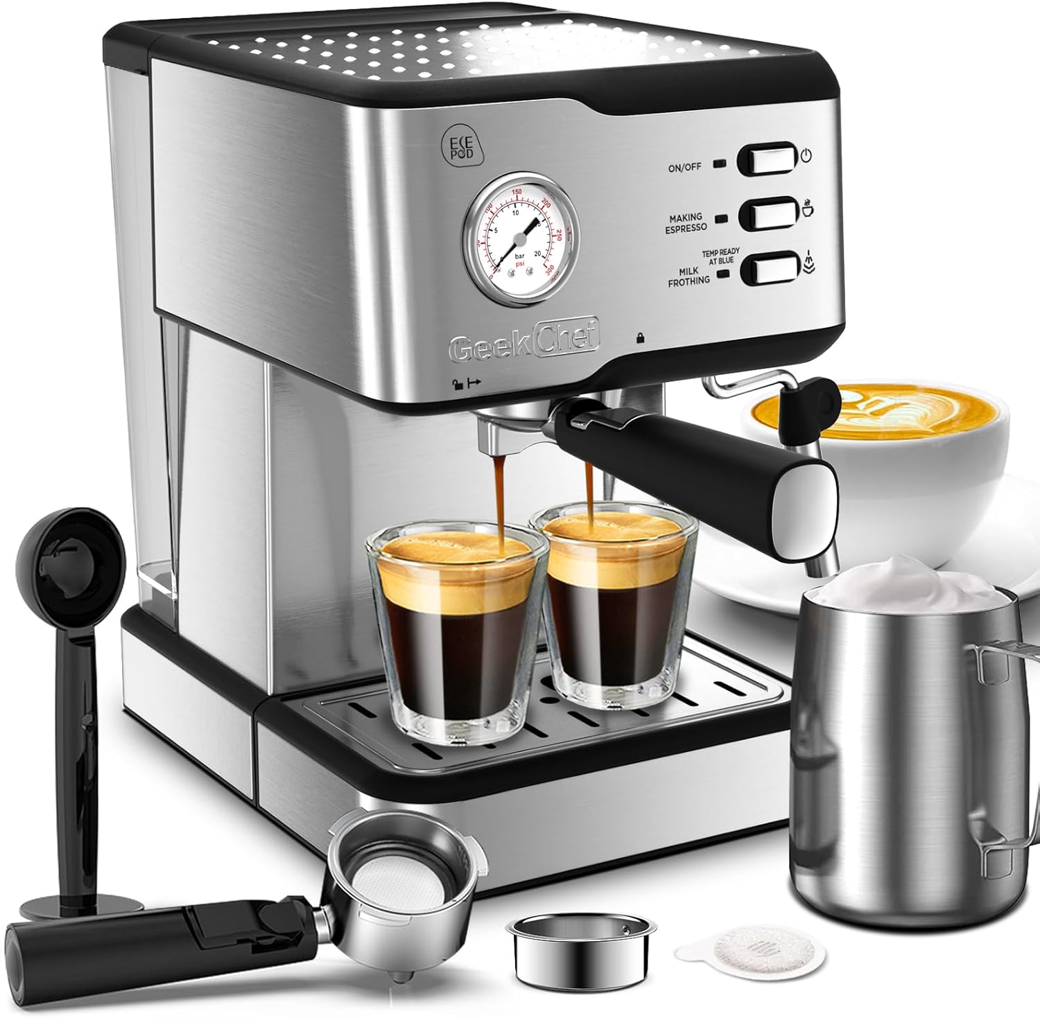 Geek Chef Máquina de café expreso con bomba de 20 bares, cafetera de capuchino con filtro ESE POD y manómetro, tanque de agua de 1.5 L, 950 W, color