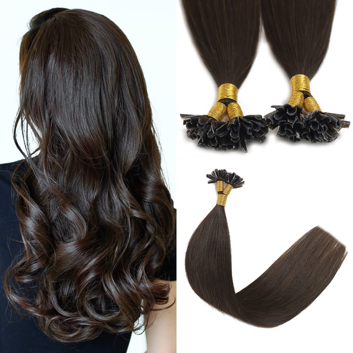 Sindra Puntas de extensiones de uñas, cabello humano real, color marrón oscuro, 18 pulgadas, 50 hebras, 1.76 oz, queratina en U, extensiones de