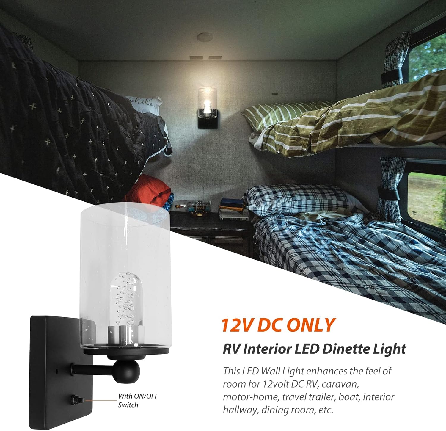 Dream lighting Lámpara de pared LED interior para caravana, remolque, cocina, comedor, decoración de pared, 12 voltios CC, vidrio brillante, 3500 K,