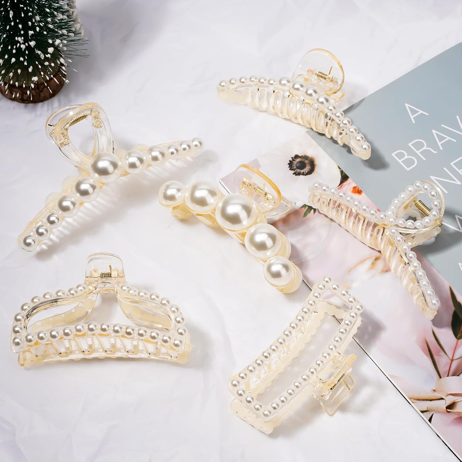 6 pinzas para el cabello con perlas, pinzas grandes para cabello fino y grueso, pinzas de cabello blanco para cabello fino y rizado, pinzas de