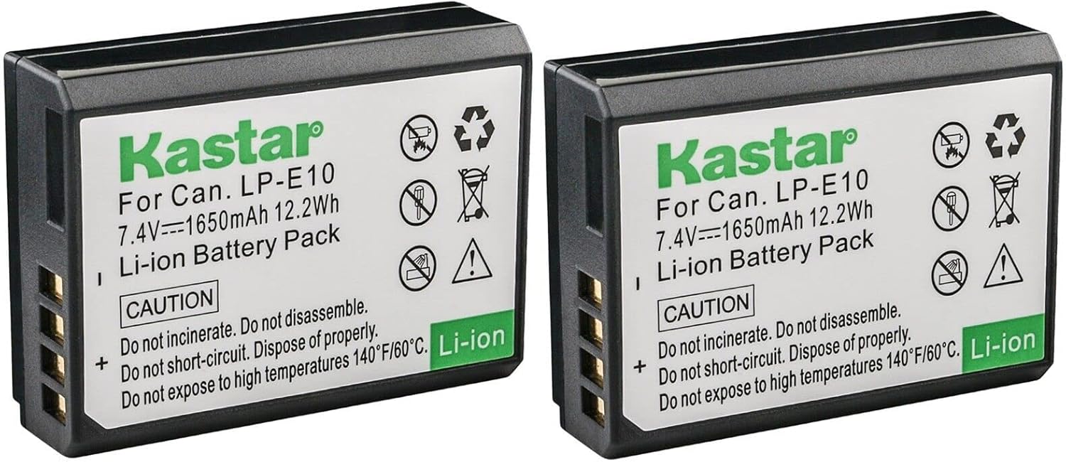 Kastar Paquete de 2 baterías LP-E10 de 7.4 V 1650 mAh de repuesto para batería Canon LP-E10 LPE10, cargador LC-E10 LC-E10N, Canon EOS Rebel T7, EOS
