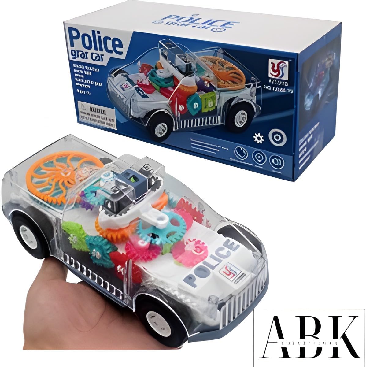 ABK – Coche de juguete transparente, con sistema de engranajes móviles de colores visibles, luz y sonido transparente, luz y sonido, efectos de luz