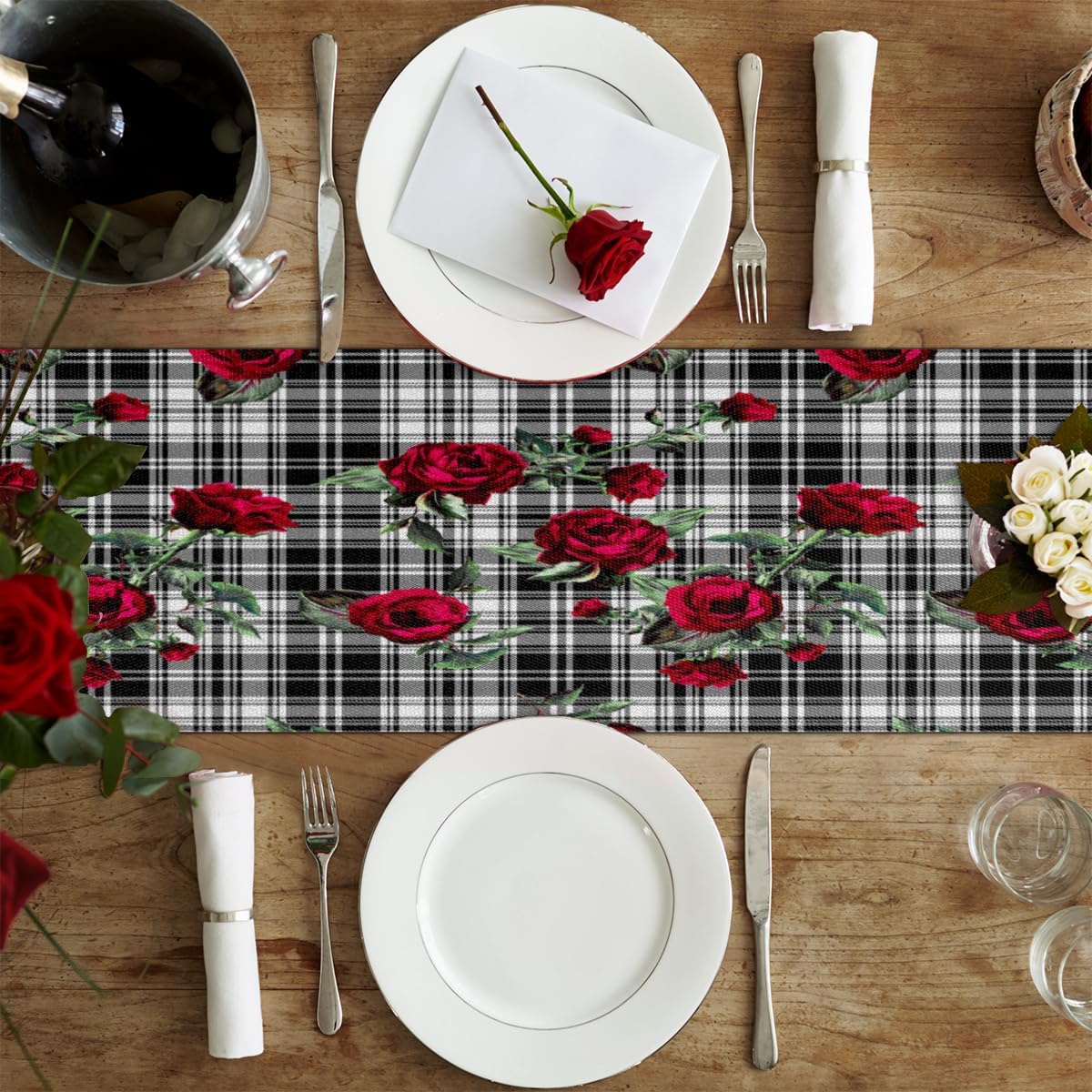Table Runner Rose Black Plaid Background, Autumn Rustic Linen Table Cloth Kitchen Dining Table Decor for Home Party 13 x 72 Inches