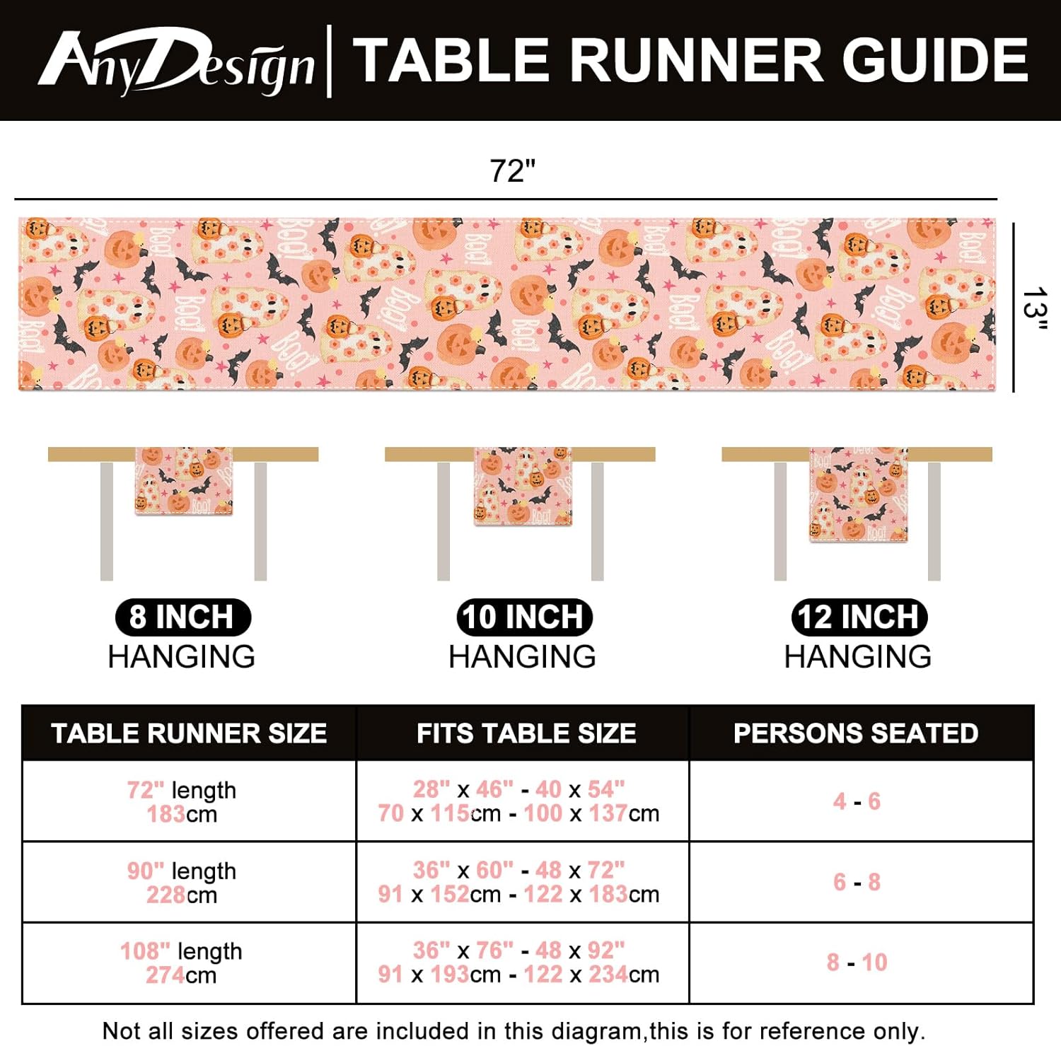 AnyDesign Camino de mesa de Halloween de color rosa, fantasma, calabaza, cubierta de mesa de cocina, comedor, decoración de mesa de Halloween,