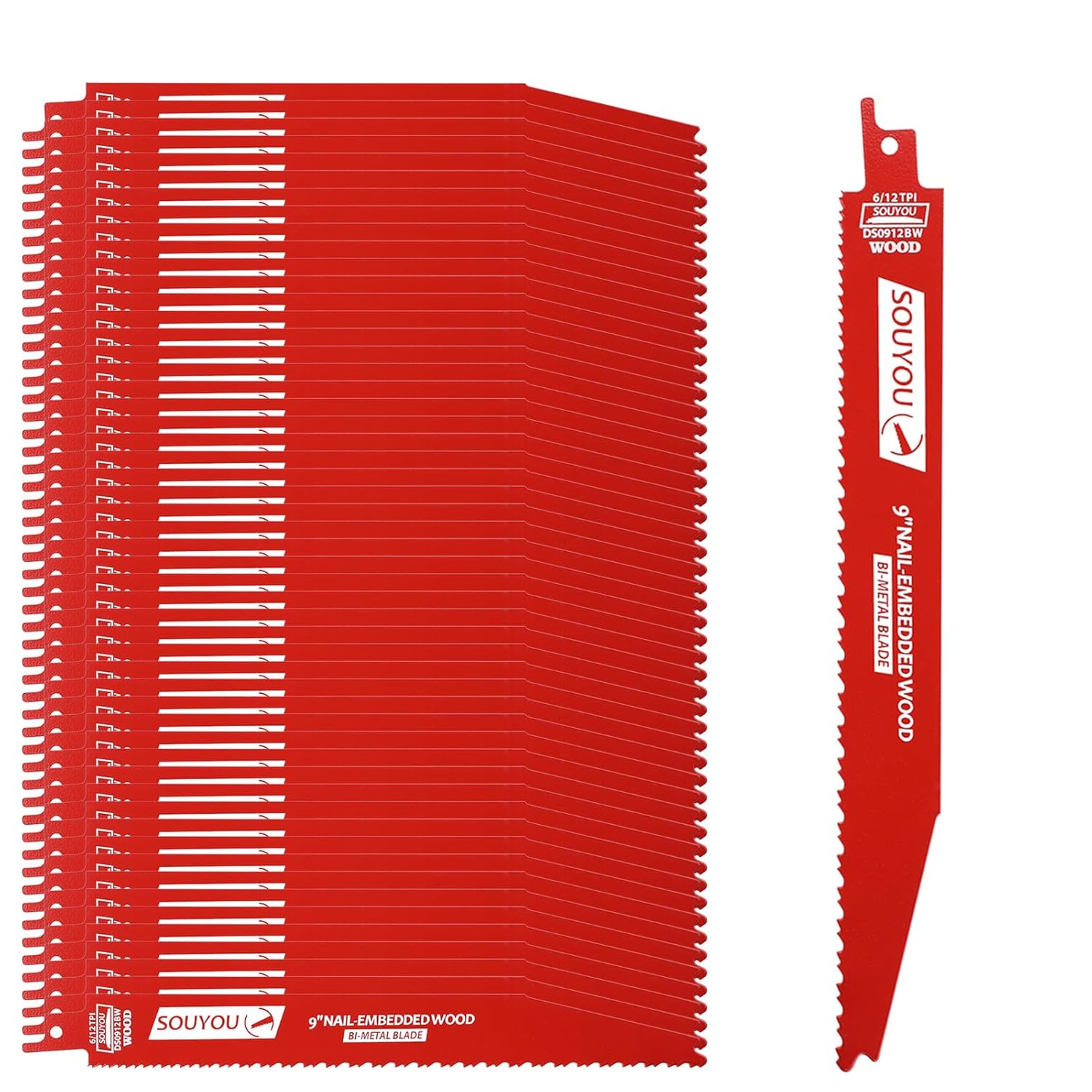 Paquete de 50 hojas de sierra recíproca de 9 pulgadas 612 Tpi de acero bimetálico con perno de recubrimiento Perma-Shield y hojas de sierra