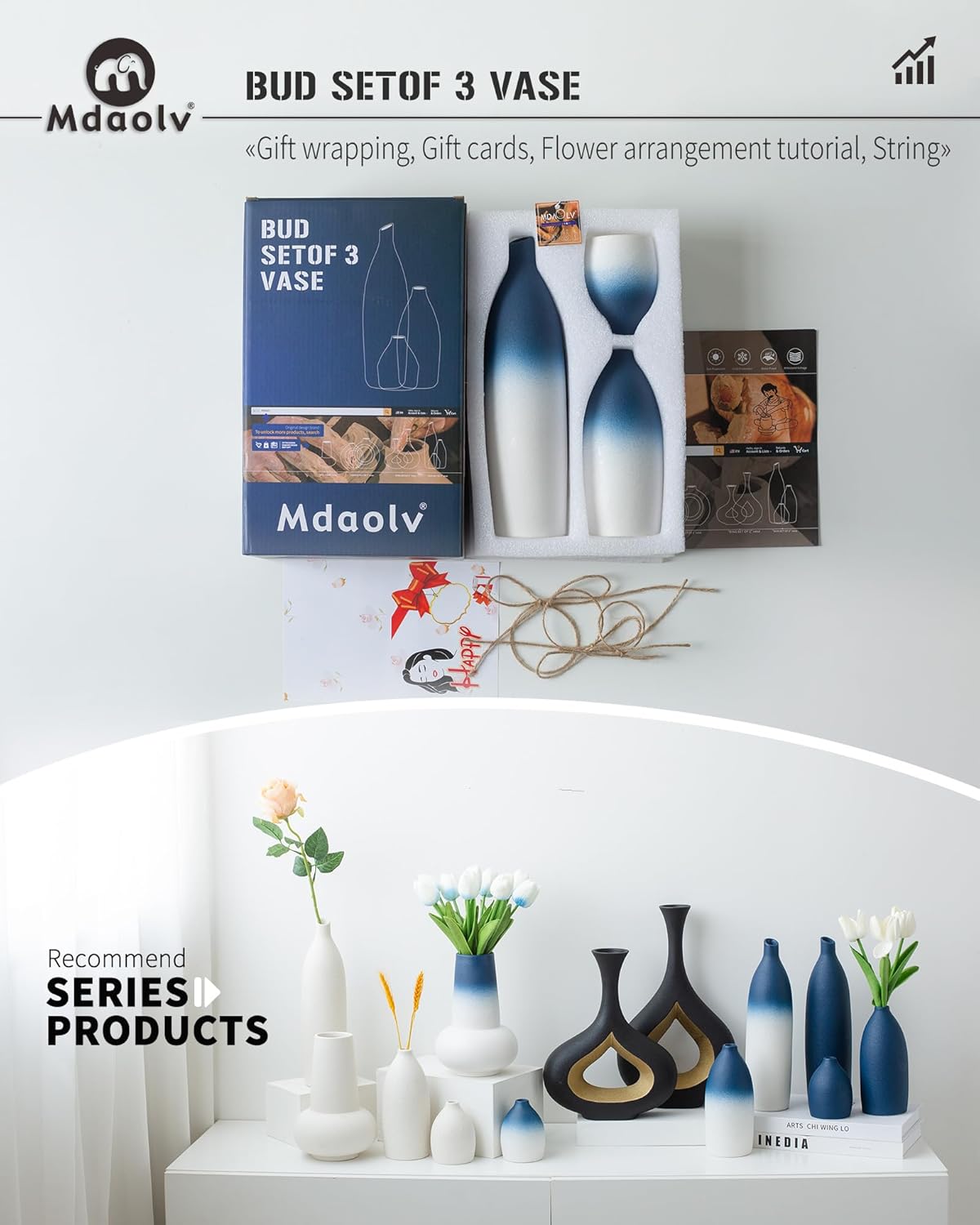 Juego de jarrones azul y blanco para decoración costera de isla de cocina, sala de estar, mesa de oficina, chimenea, decoración de repisa y baño,