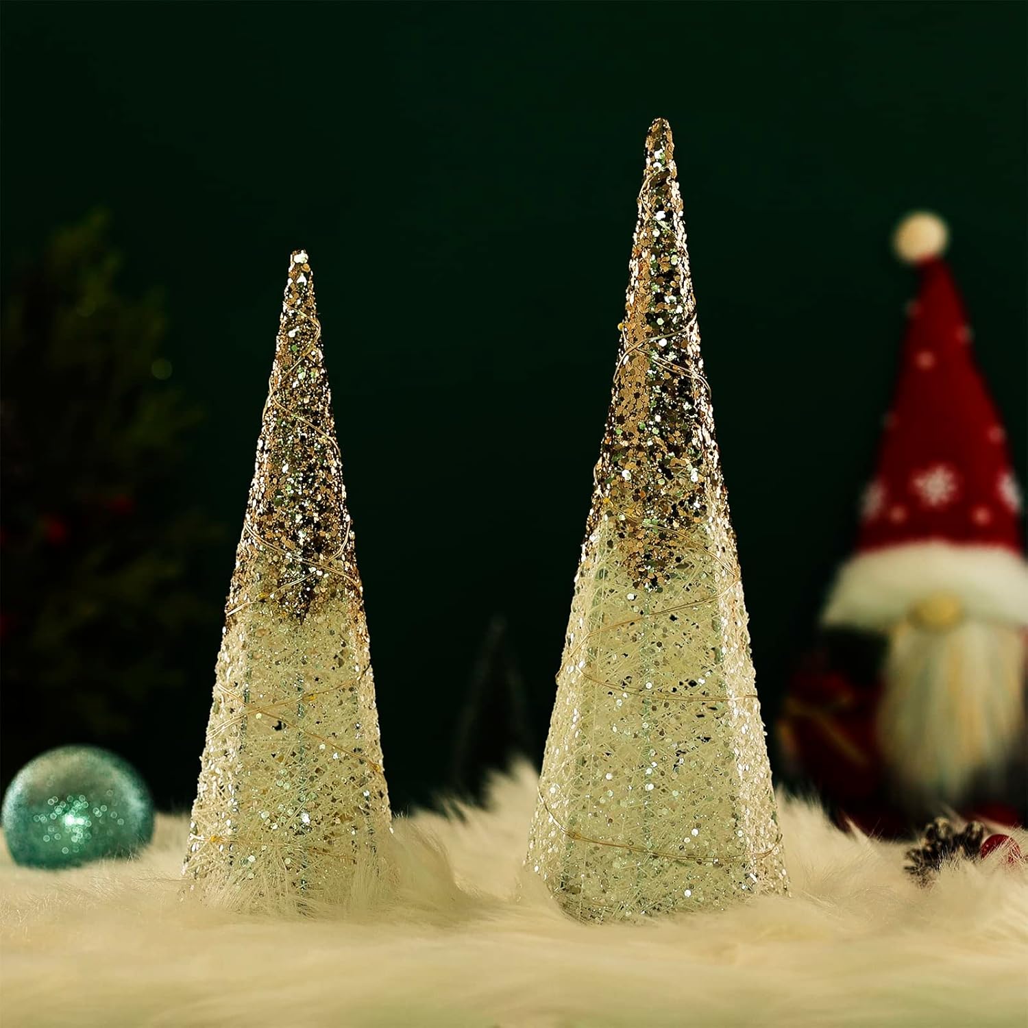 2 decoraciones de mesa de Navidad iluminadas con purpurina, funciona con pilas, con forma de árbol de Navidad LED, decoración navideña para