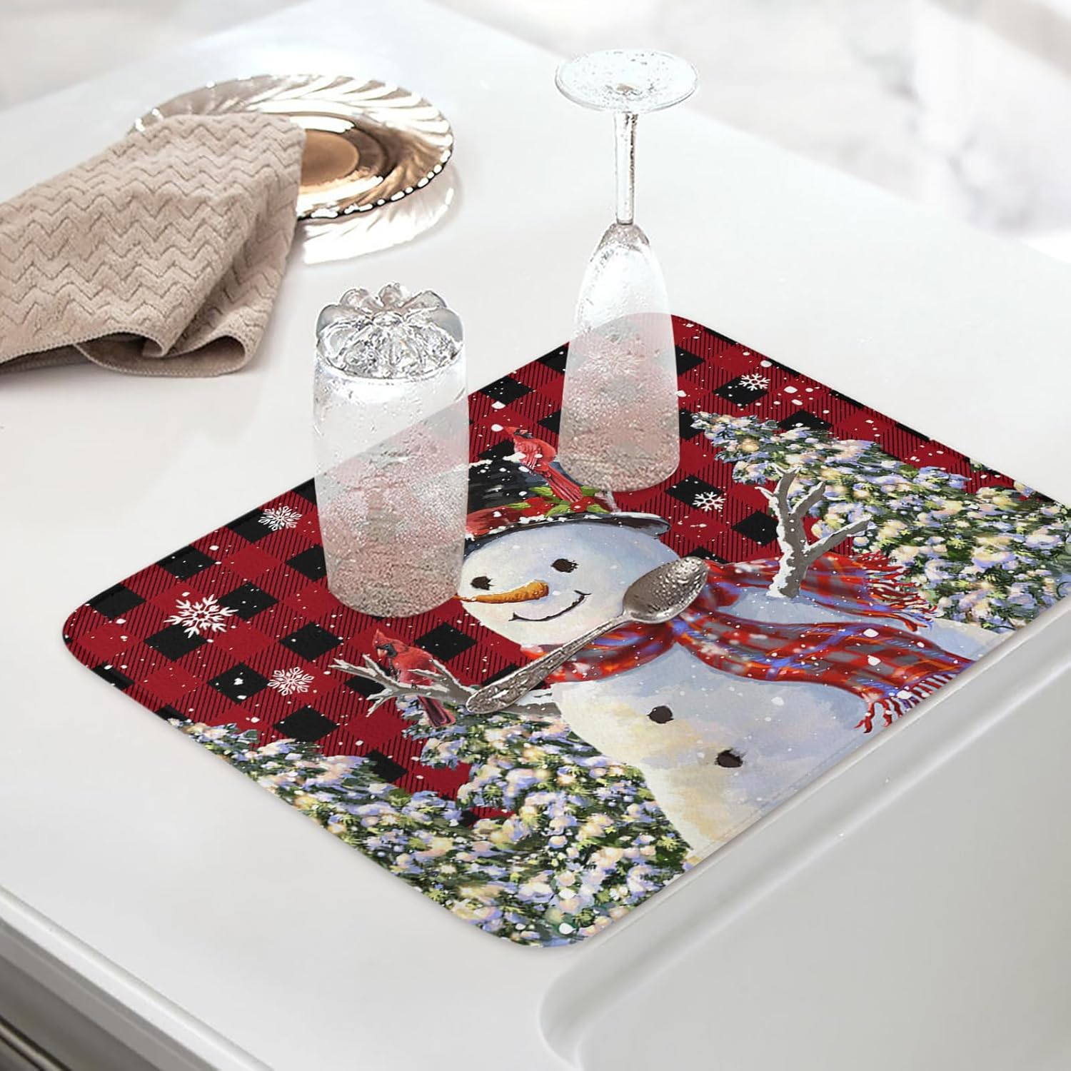 Tapete de secado de platos con diseño de árbol de Navidad, muñeco de nieve para encimera de cocina, tapete absorbente de microfibra de búfalo rojo,