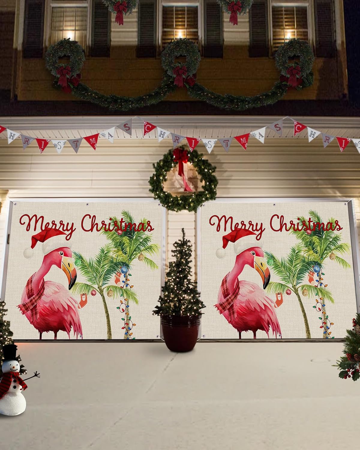 Pancarta de Navidad para puerta de garaje, 7 x 16 pies, Feliz verano, Navidad, isla de Santa Claus, búfalo negro, decoración de puerta de garaje,