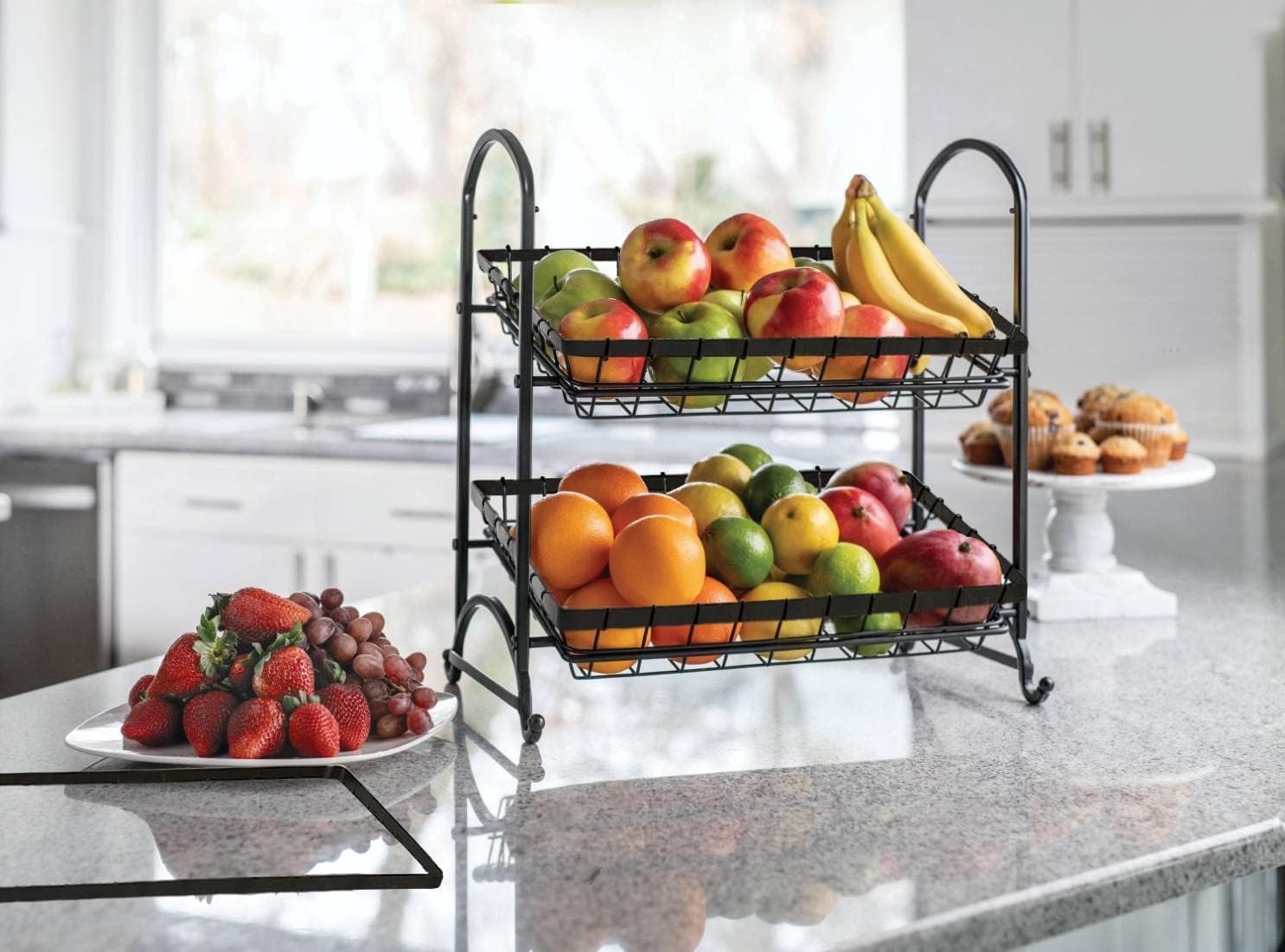 Organizador apilable para latas, soporte de exhibición angular de 2 niveles, soporte de cesta de frutas, estante de papas fritas, sensor