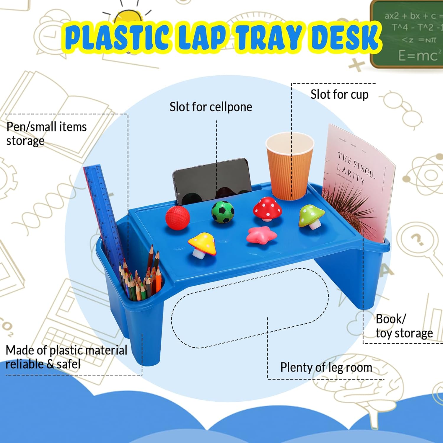 Leinuosen 6 bandejas de escritorio para niños con almacenamiento de plástico para desayuno, bandejas para laptop con bolsillos laterales y ranura,