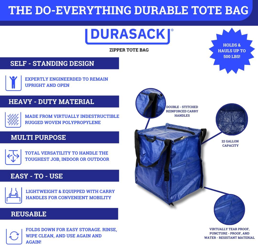 DURASACK Bolsa de almacenamiento resistente con cremallera superior de 22 galones, bolsa de mudanza de polipropileno tejido resistente, diseño