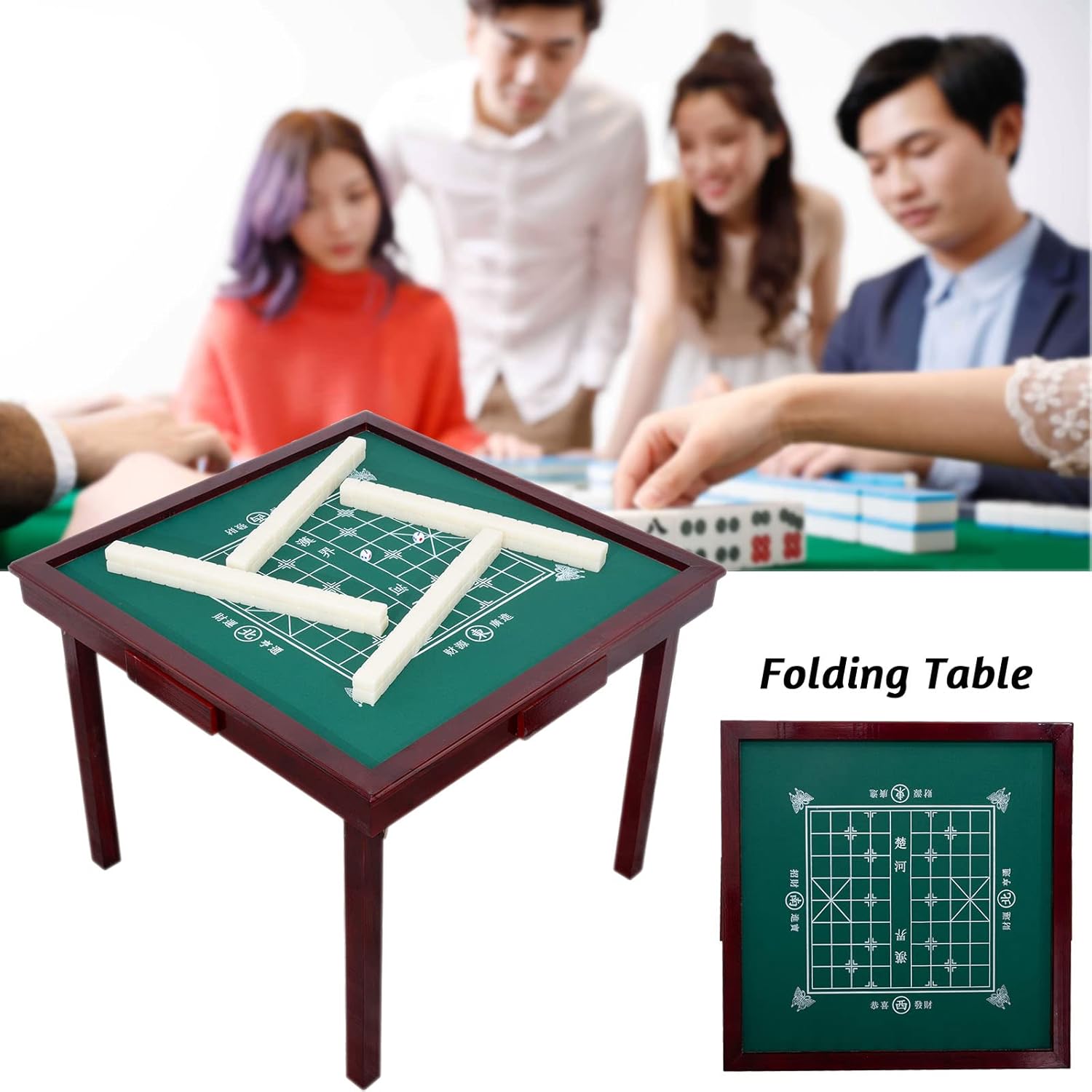 Mesa Mahjong plegable, mesa de cartas multifunción de 35 pulgadas con 4 portavasos y 4 cajones, mesa de juego cuadrada para mahjong, blackjack de