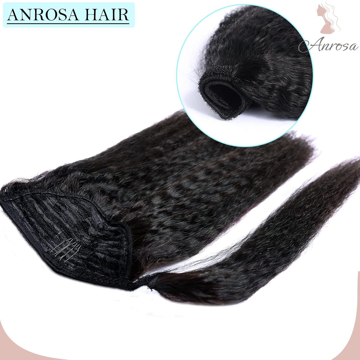 Anrosa Cola de caballo de cabello humano rizado lacio para mujeres negras, cinta mágica 100% Remy, extensiones de cabello humano brasileño ondulado,