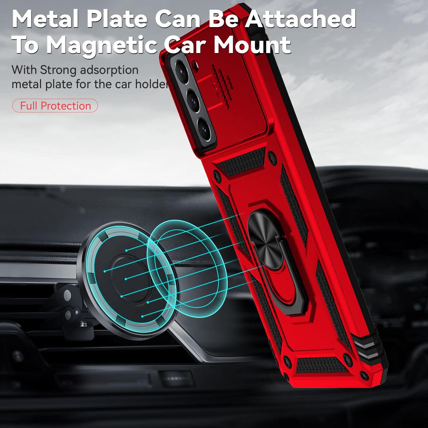 YZOK Funda para Samsung Galaxy S21, con cubierta para lente de cámara, protector de pantalla HD, grado militar anillo de montaje en coche con