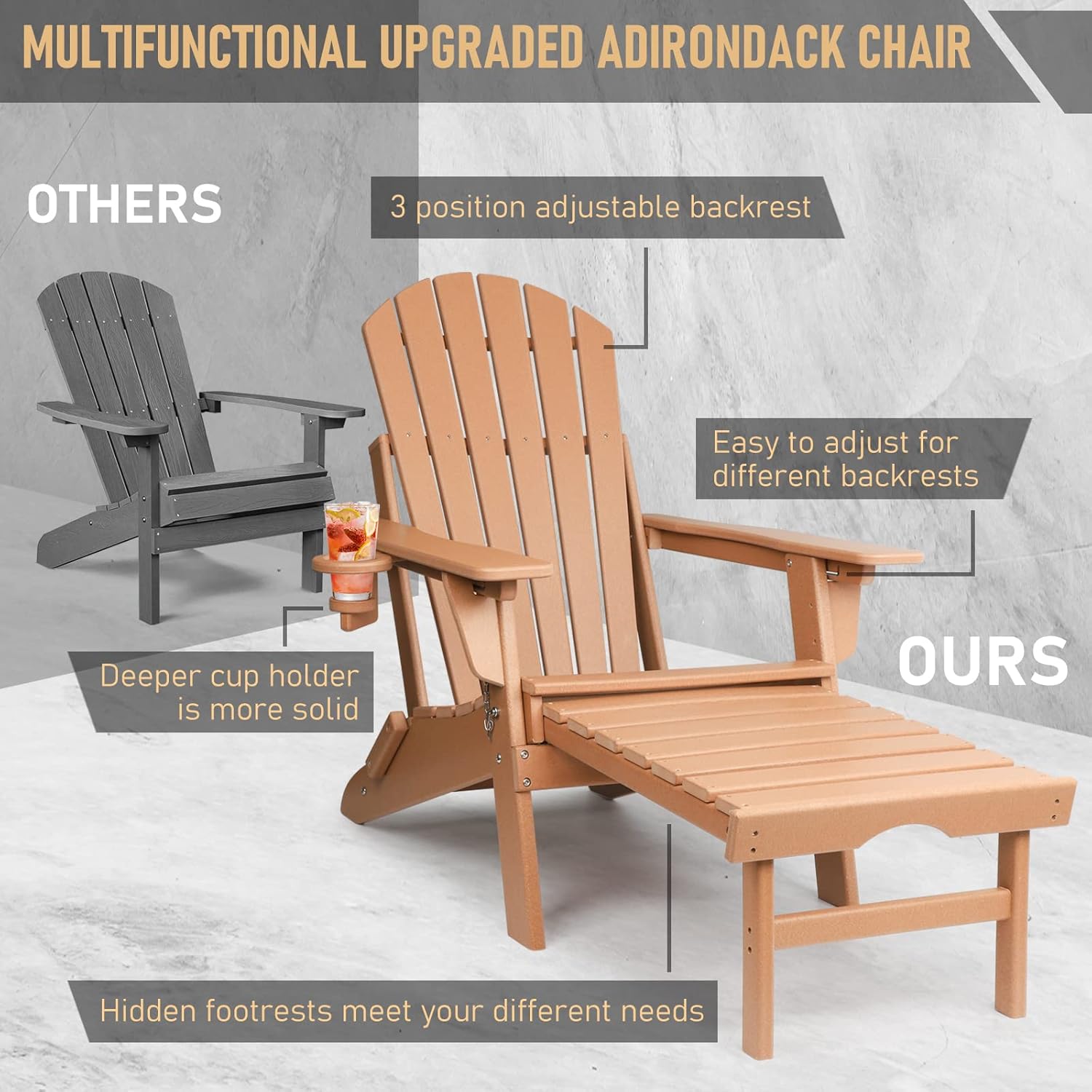 FUNBERRY Silla Adirondack con respaldo ajustable, sillas Adirondack plegables,Sillas Adirondack de plástico con otomana,Silla Adirondack resistente