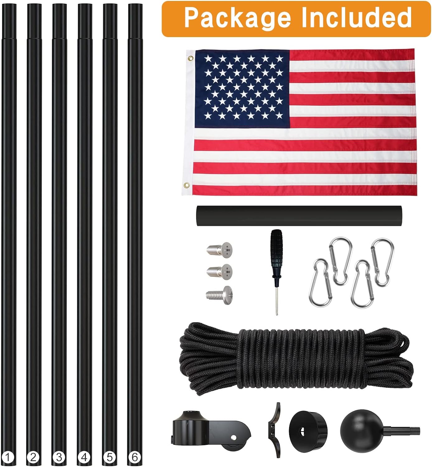 NELXINJO Kit de asta de bandera seccional de 25 pies, asta de bandera de aluminio resistente para exteriores, parte superior de bola negra, bandera