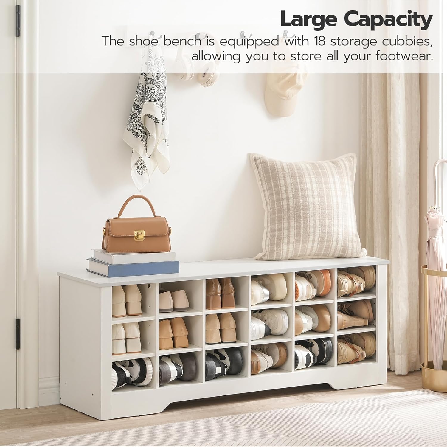 Banco de zapatos, banco de almacenamiento de zapatos de 18 cubículos, cubo multifuncional para zapatos, banco de entrada largo, estantes ajustables,